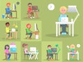 Set of People at Computer in Office Cartoon Style Royalty Free Stock Photo