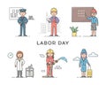 Set Of People Different Professions. Labor Day Holiday. Policeman, Constructor Worker, Teacher, Doctor, Stewardess And