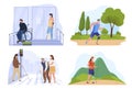 Set people with disabilities in public places vector flat riding on wheelchair, running, hiking Royalty Free Stock Photo