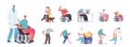 Set People with Disability. Male Female Characters Riding Wheelchair or Walking with Crutches, Blind Man with Guide Dog Royalty Free Stock Photo