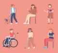 set of people disable, blind, walking and sitting characters