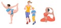 Set of people doing exercises. Fat woman making ballet poses in shorts, mom and little boy jogging, afro girl practicing