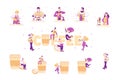 Set of People Drinking and Cooking Coffee. Tiny Male and Female Characters with Huge Disposable Carton Cup, Refreshment