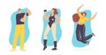 Set People Engage Sport. Happy Characters Wearing Sports Clothes and Sneakers Visiting Gym. Woman Holding Dumbbell