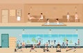 Set of people in fitness gym interior with equipment and sauna i