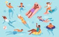 Set of people floating in sea or swimming pool