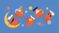 Set of people flying in space vector flat illustration. Collection of wom n holding planet with dream universe. Concept