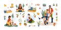 Set of people gardening at spring time with equipment and tools. Gardener woman planting tree and watering flower. Flat cartoon Royalty Free Stock Photo