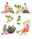 Set of people with green herbal tea or matcha, flat vector illustration isolated