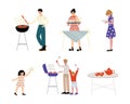 Set of people having picnic. Family preparing barbecue grill cartoon vector illustration Royalty Free Stock Photo