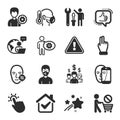 Set of People icons, such as Cogwheel, Repairman, Click hand symbols. Support, Problem skin, Like signs. Vector