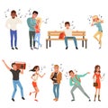Set with people listening music. Young guys and girls with headphones, smartphones, record player. Flat vector design Royalty Free Stock Photo