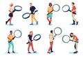 Set of people with magnifying glasses. Man and women hold optical tool. Search, research and analysis symbol. Zoom sign