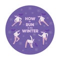 Set of people, men and women, running in winter season, flat cartoon vector illustration isolated. Set of women running