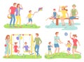 Set of people outdoor recreational activities. Families fishing, playing ball, swinging. Summer time