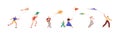 Set of people playing with air kites and fly it to sky. Happy joyful man, woman, kid running and walking, holding flying