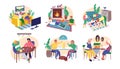 Set of people playing board, video games collection of isolated vector illustrations. Leisure for family at home. Table Royalty Free Stock Photo