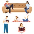 Set of people reading books. People read books in various poses, standing and sitting. Lovers to read books, readers, students,