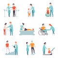 Flat vector set of people on rehabilitation. Physiotherapy clinic. Doctors working with patients. Healthcare and