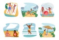 Set People Relax on Summer Beach. Male and Female Characters on Holidays Vacation Cartoon Vector Illustration