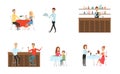 Set of people in restaurant and at the bar. Flat and cartoon style. Different background. Vector illustration. Royalty Free Stock Photo