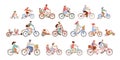 Set of man, women and children riding bicycles of different types - city, bmx, hybrid, chopper, cruiser, fixed gear