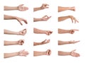 Set of people showing different gestures on white background, closeup view of