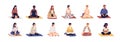 Set of people sitting cross legged in lotus pose and practicing yoga, meditation and breathing exercises. Calm and Royalty Free Stock Photo