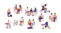 Set of people sitting at table in street cafe vector flat illustration. Collection of cartoon couple, family, child, man