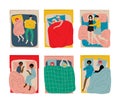 Set of people sleeping and resting in beds under blankets. View from above of asleep couples cartoon vector illustration Royalty Free Stock Photo