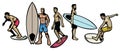 Set of people surfing in various pose