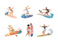 Set of people in swimwear surfing in sea or ocean. Happy surfers in swimwear riding surfboards vector illustration Royalty Free Stock Photo