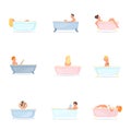 Set of people take bath in ceramic or plastic bathtub