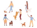 Set with people with their dogs on white