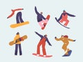 Set of People Training on Ski Resort. Wintertime Activity and Extreme Outdoors Snowboarding Sport, Vector Illustration