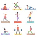 Set of people training vector flat illustration. Men and women in sports clothes doing exercises. Royalty Free Stock Photo