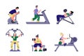 Set of people using sport gym facilities, flat vector illustration isolated. Royalty Free Stock Photo