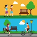 Set people various activities couple runner and man riding bicycle, woman skater