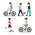Set people various activities rider bicycle playing ball and skater scene