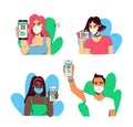 A set of people, who proudly shows smartphones with a QR code confirming immunity. Illustration for a health passport, vaccinated