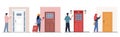 Set of people who ring doorbell. Men and women near door, pushing button. Neighbor or friends came to visit. Safety Royalty Free Stock Photo