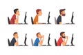 Set of people working at computers. Male office employees sitting at desks in front of computer screen cartoon vector Royalty Free Stock Photo