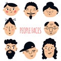 Set of peoples faces. Hand-drawn graphics. Different men and women. Cartoon characters.