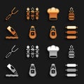 Set Pepper, Camping gas stove, Sausage, Salt, Ketchup bottle, Chef hat, Barbecue fork and Grilled shish kebab icon Royalty Free Stock Photo