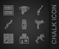 Set Pepper spray, Hunting shop weapon, MP9I submachine gun, UZI, Weapon catalog, Revolver and icon. Vector Royalty Free Stock Photo