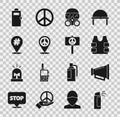 Set Pepper spray, Megaphone, Bulletproof vest, Gas mask, Location peace, Protest, Police assault shield and Peace icon