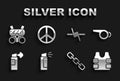 Set Pepper spray, Whistle, Bulletproof vest, Chain link, Barbed wire, Gas mask and Peace icon. Vector