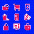 Set Percent discount and mobile, Shopping cart on computer, bag with recycle, POS terminal, Paper bread loaf, Mop bucket