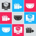 Set Percent discount and monitor, Gift box and Underwear icon. Vector Royalty Free Stock Photo
