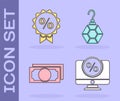 Set Percent discount and monitor, Discount percent tag, Stacks paper money cash and Earring icon. Vector